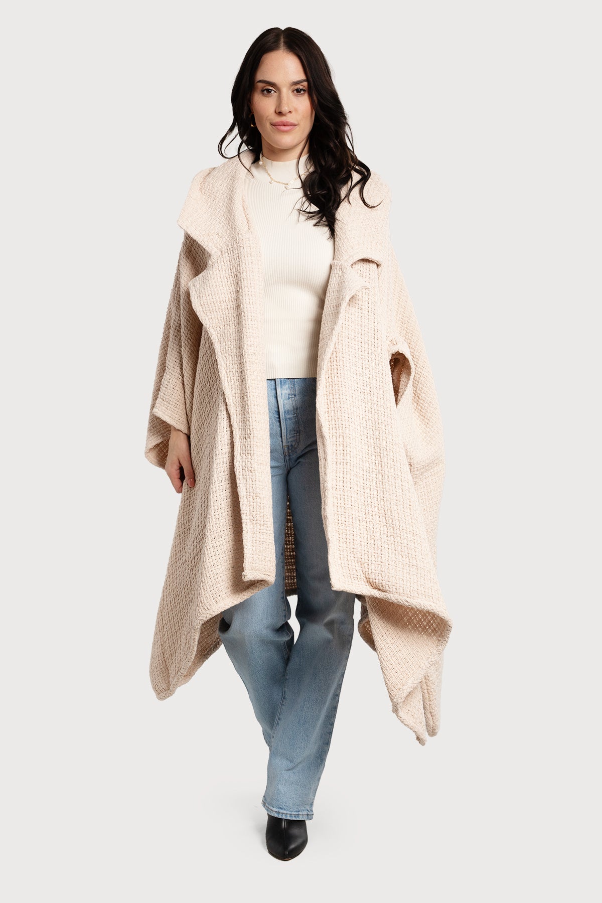 Oversized Waffle Knit Collared Jacket for Women - Cozy Winter Cardigan with Pockets - Perfect for Casual Outfits, Lounge Wear & Coffee Dates