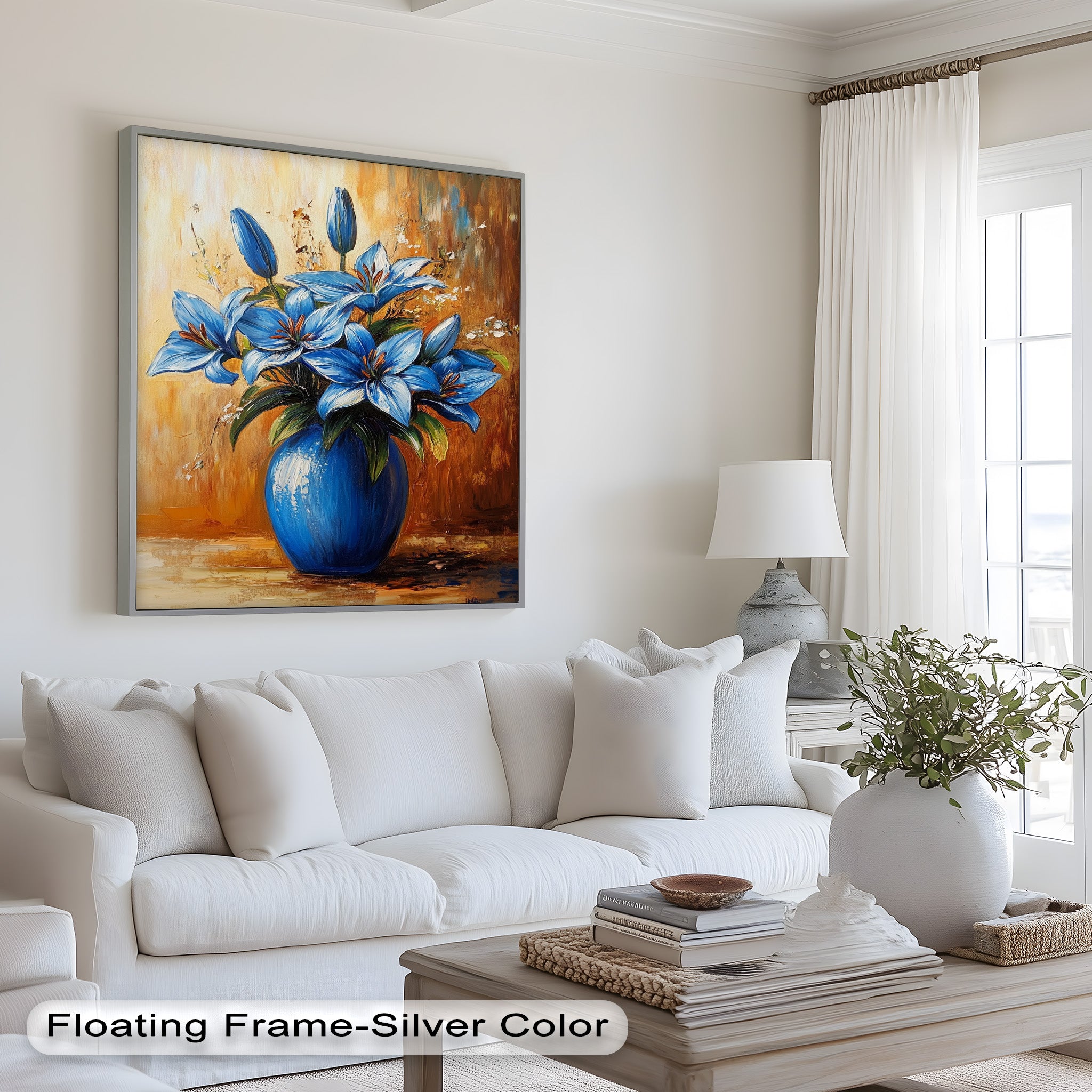 Azure Blossoms in Blue Vase - Hand-Painted Floral Oil Canvas Artwork for Living Room Decor | Wall Art for Home & Office