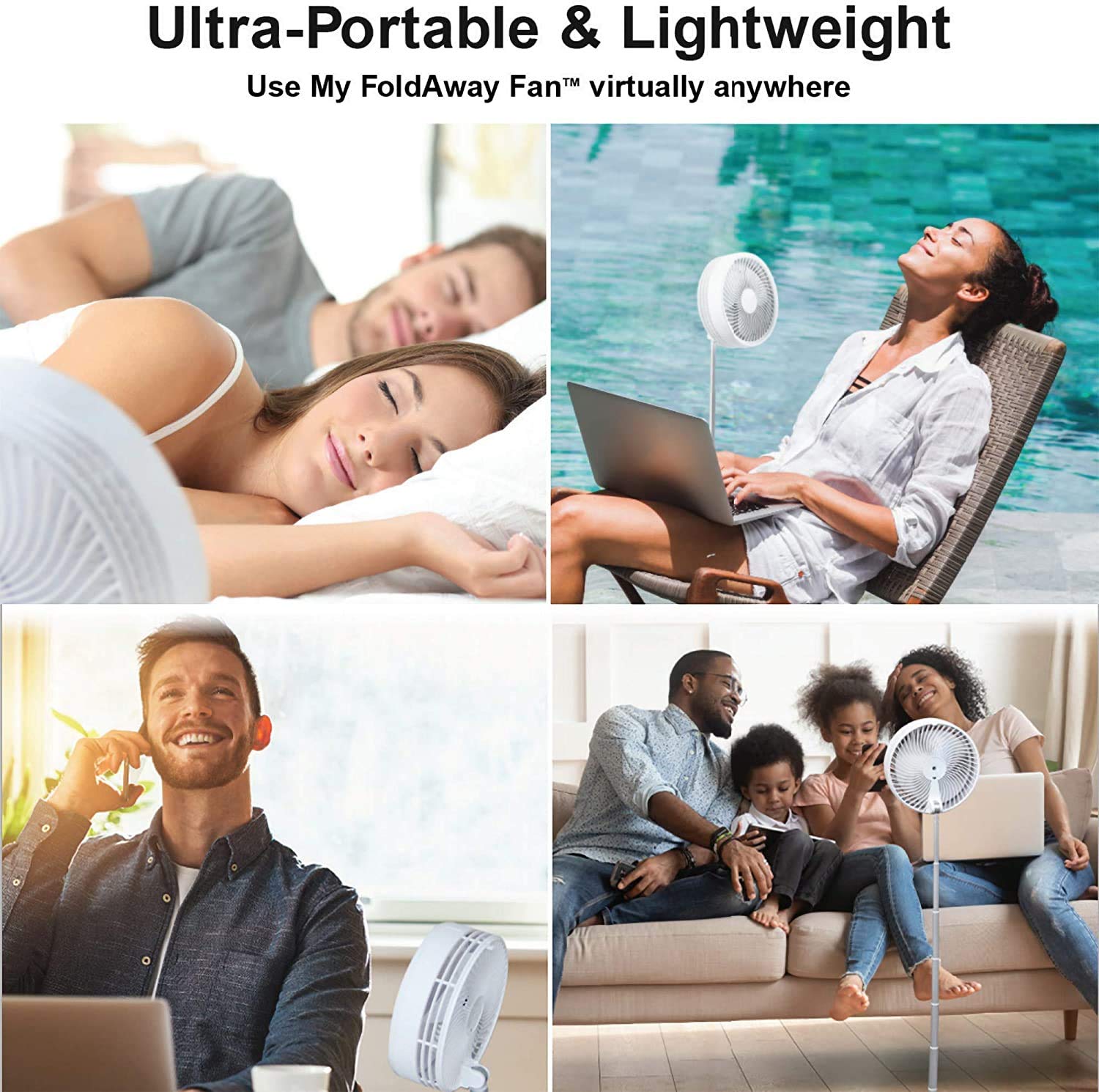 Bell+Howell MY FOLDAWAY FAN - Rechargeable Portable Fan with 3 Speed Settings, Extendable to 4 Feet, Ultra Lightweight & Compact Design - Perfect for Home, Office, Camping & Outdoor Activities