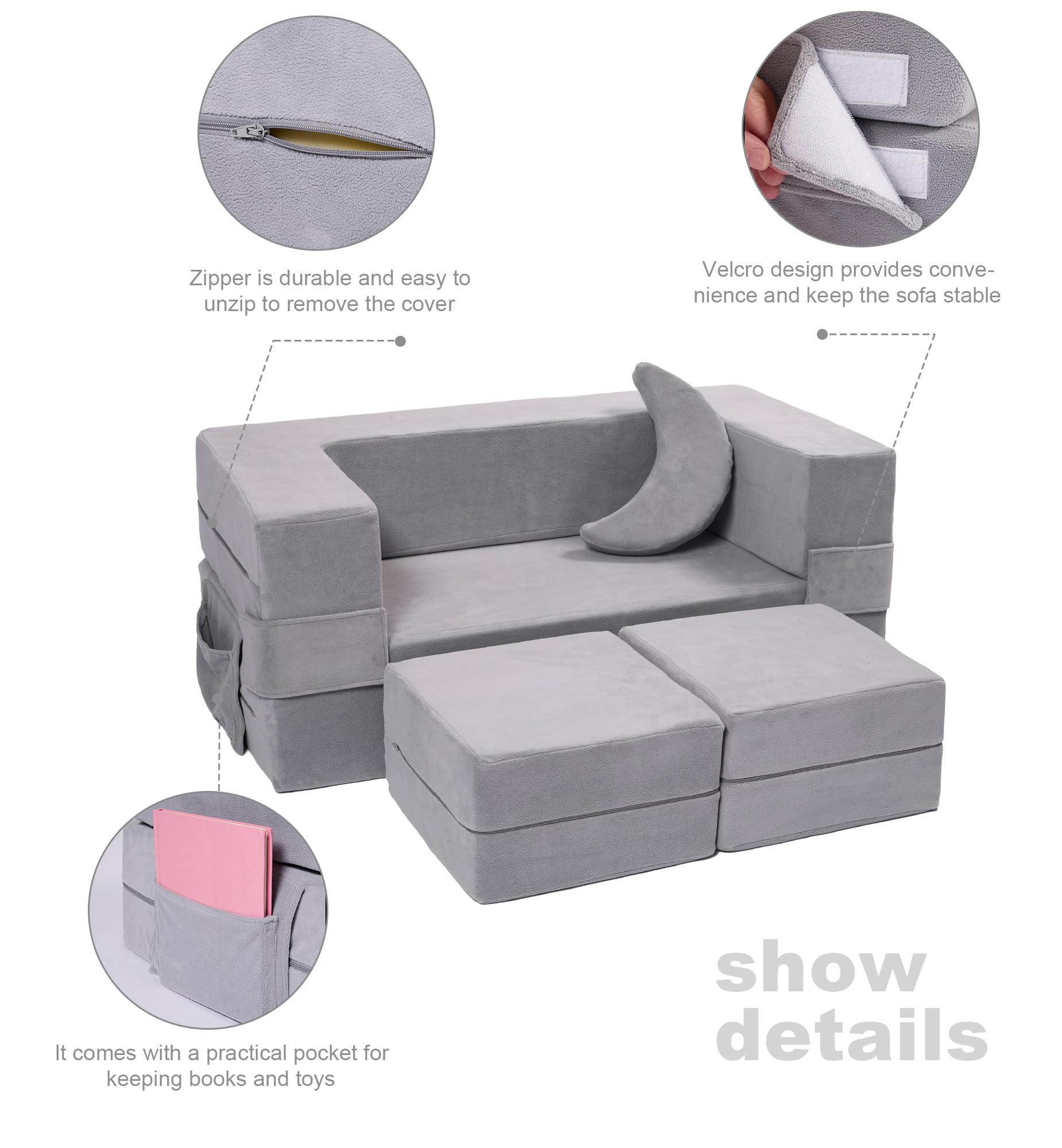 Modular Kids Sofa - Convertible Toddler Couch with Foam Armchair, Foldable Plush Sofa Bed Play Set for Boys & Girls (Grey) - Perfect for Playrooms, Bedrooms & Nap Time