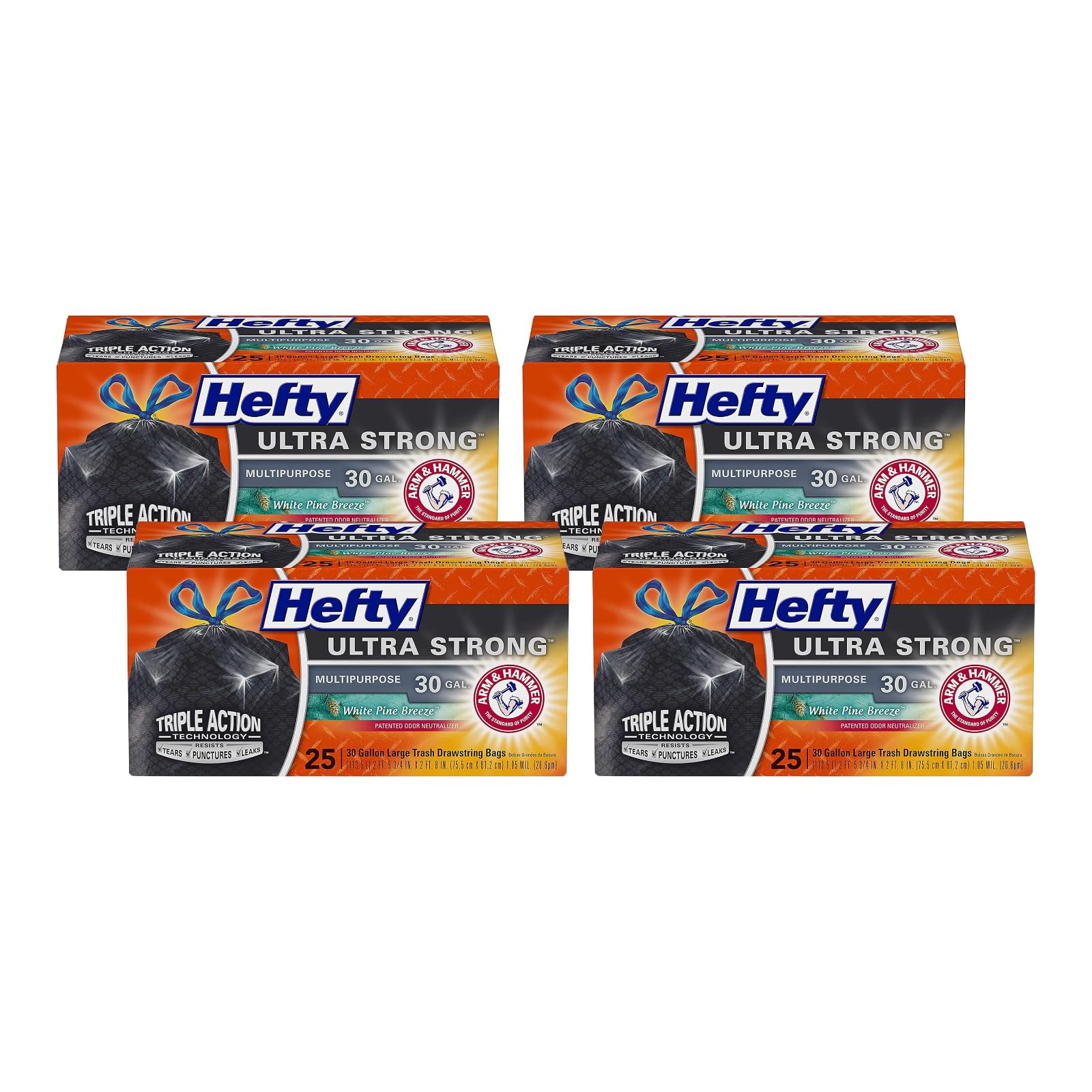 Hefty Ultra Strong 30 Gallon Drawstring Trash Bags - 25 Count (Pack of 4) | Heavy Duty, Leakproof & Scented with White Pine Breeze | Perfect for Kitchen, Office, Garage & Outdoor Cleanup