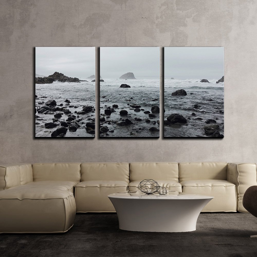 wall26 - 3 Piece Canvas Wall Art Set - Rock Stones on Beach Landscape Painting in Cloudy Day - Modern Framed Home Decor Ready to Hang (24