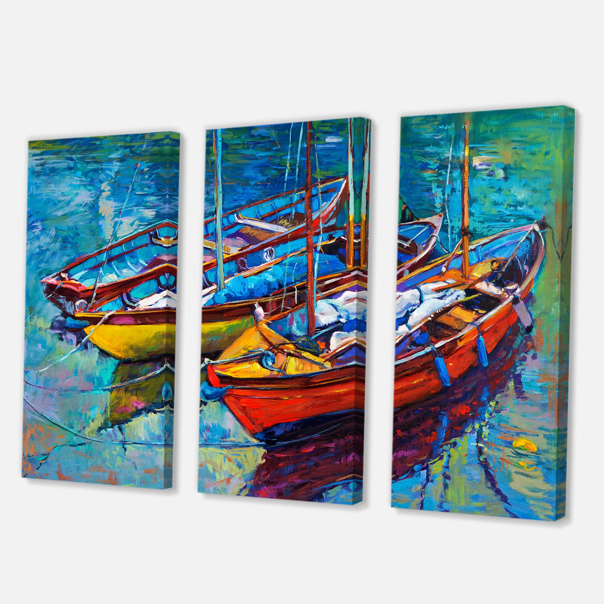Three Boats in the Harbor Nautical Canvas Wall Art - Coastal Beach House Decor for Living Room, Bedroom & Office