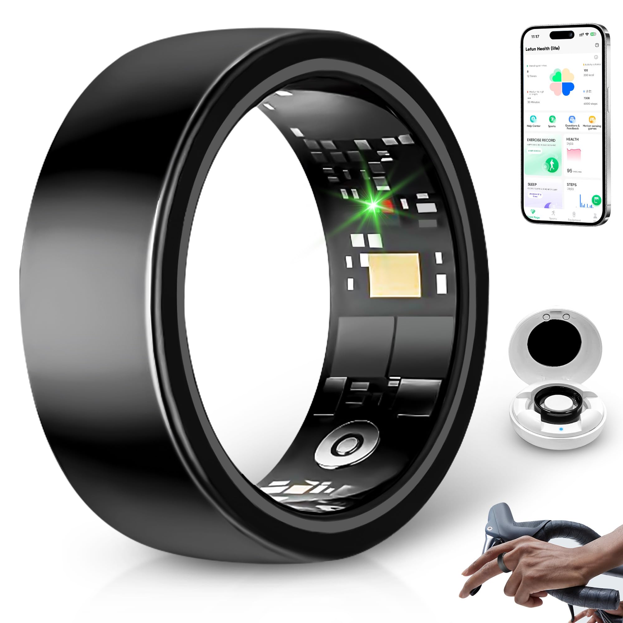 Smart Ring for Women & Men - Sleep & Step Tracker, Heart Rate Monitor, IP68 Waterproof Fitness Ring Compatible with iPhone & Android (Black, Size 8) - Perfect for Workouts, Sleep Tracking & Daily Activity Monitoring