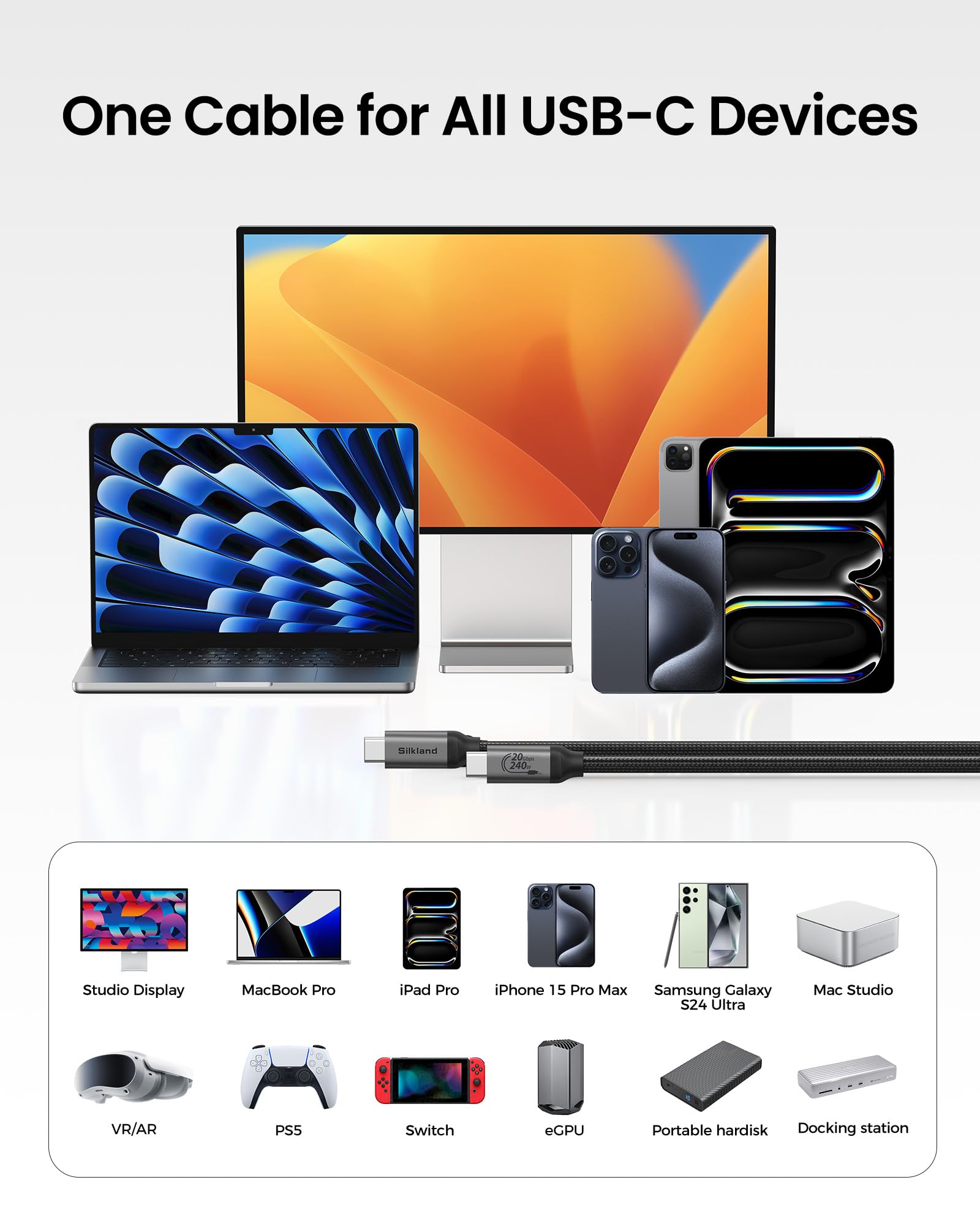 Silkland USB C to USB C Cable 4K@144Hz 8K@30Hz 20Gbps High Speed Data Transfer 240W PD Fast Charging - Compatible with MacBook Pro iPad iPhone 16 - Perfect for Gaming Monitors 4K Displays and Workstations (4FT)