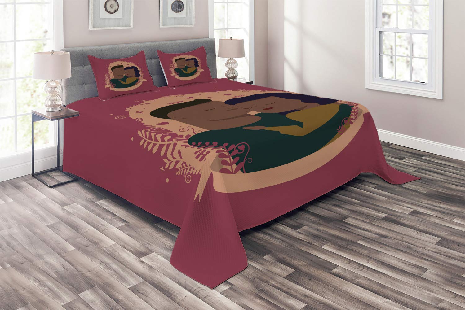 Ambesonne Romantic King Size 3-Piece Quilted Bedspread Set with 2 Pillow Shams - Holding Couple Cartoon Design in Maroon & Redwood for Valentine's Day Gift, Anniversary or Couples Bedroom Decor