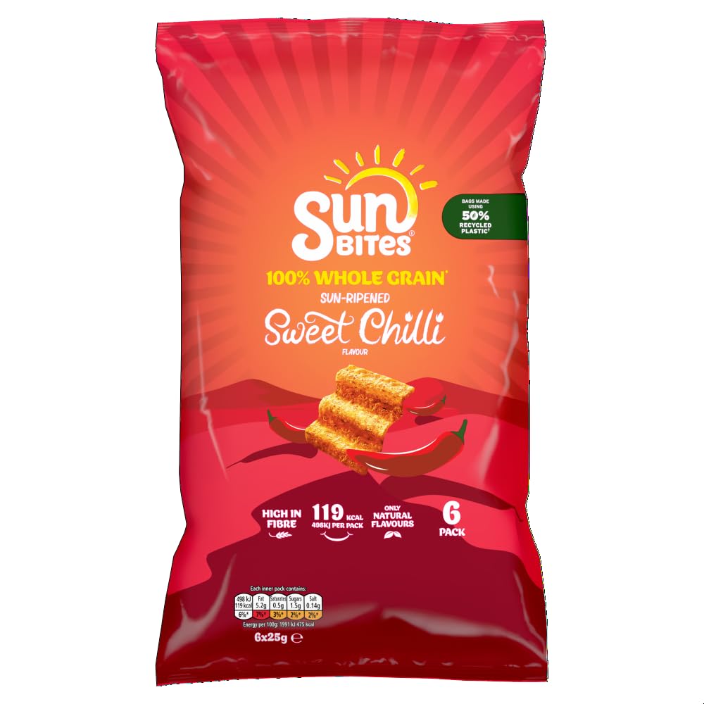 Walkers Sunbites Sweet Chilli Flavor Multigrain Snacks - Pack of 6 (25g Each) - Healthy On-The-Go Snack for Work, School & Outdoor Activities