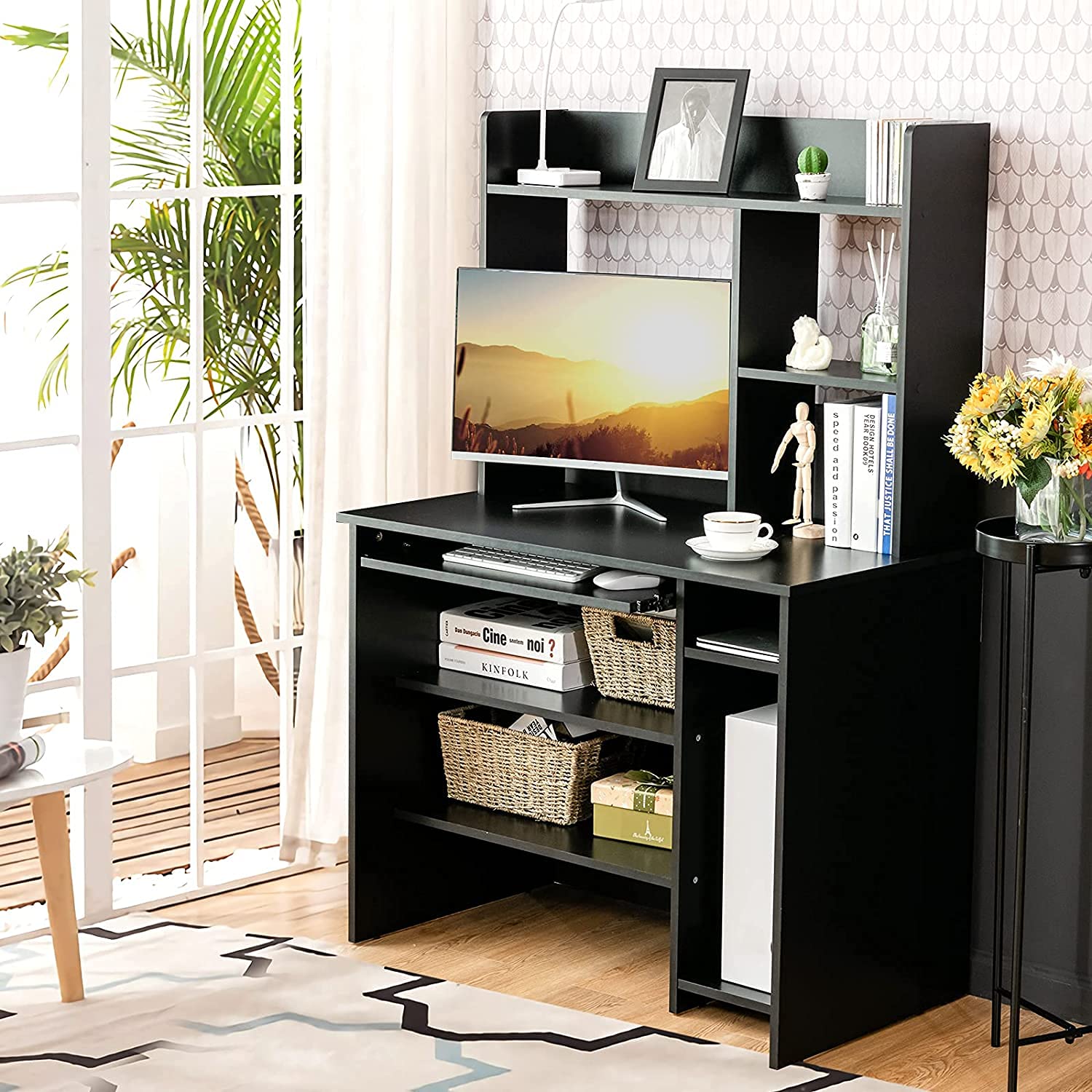 CHEFJOY Modern Computer Desk with Hutch & Bookshelf - Wooden Study Writing Desk with Storage Shelves, Home Office Laptop Table with Keyboard Tray - Space-Saving Design for Small Spaces (Black) | Perfect for Home Office, Study Room & Small Apartments