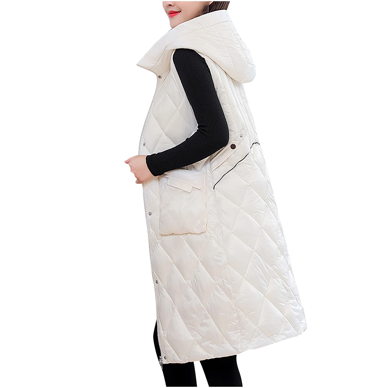 Women's Black Puffer Vest with Long Zip-Up Hoodie - Sleeveless Down Jacket Winter Waistcoat | Fashionable Outerwear for Cold Weather | Perfect for Outdoor Activities, Casual Wear & Layering
