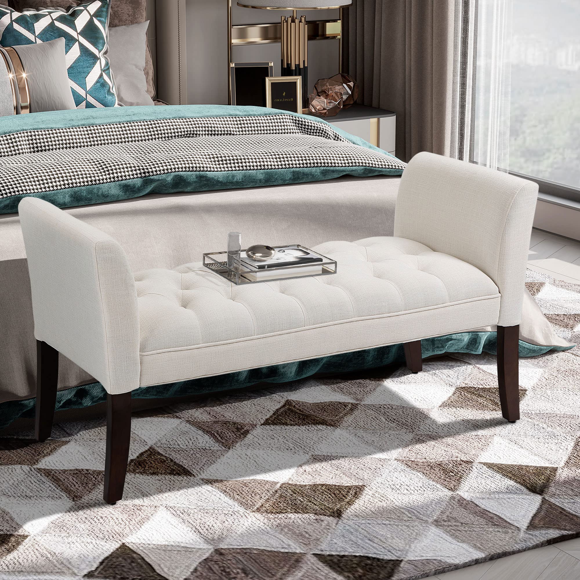 HOMCOM Tufted Upholstered Bed Bench with Arms & Solid Wood Legs - Cream White Entryway Seat for Bedroom, Living Room & Dressing Area - Perfect for Sitting, Storage & Decoration