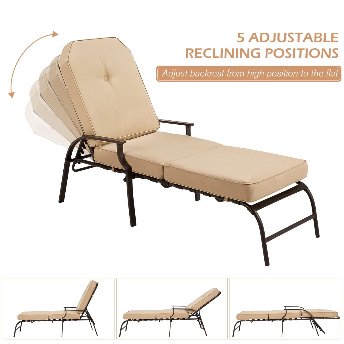 U-MAX Adjustable Outdoor Chaise Lounge Chair - Patio Recliner with Armrest & Cushion - Waterproof & Durable Furniture for Deck, Poolside, Backyard, Beach - Perfect for Sunbathing & Relaxation (Beige, 1 Piece)