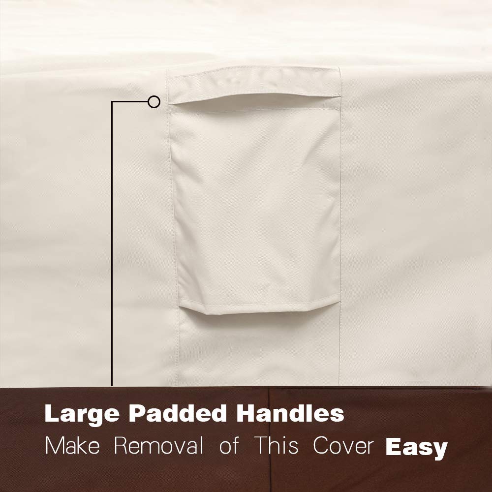 Waterproof Square Patio Ottoman Cover with Padded Handles - Heavy Duty Outdoor Furniture Protector for Side Tables - Large Beige & Brown - Perfect for Deck, Garden & Backyard Use
