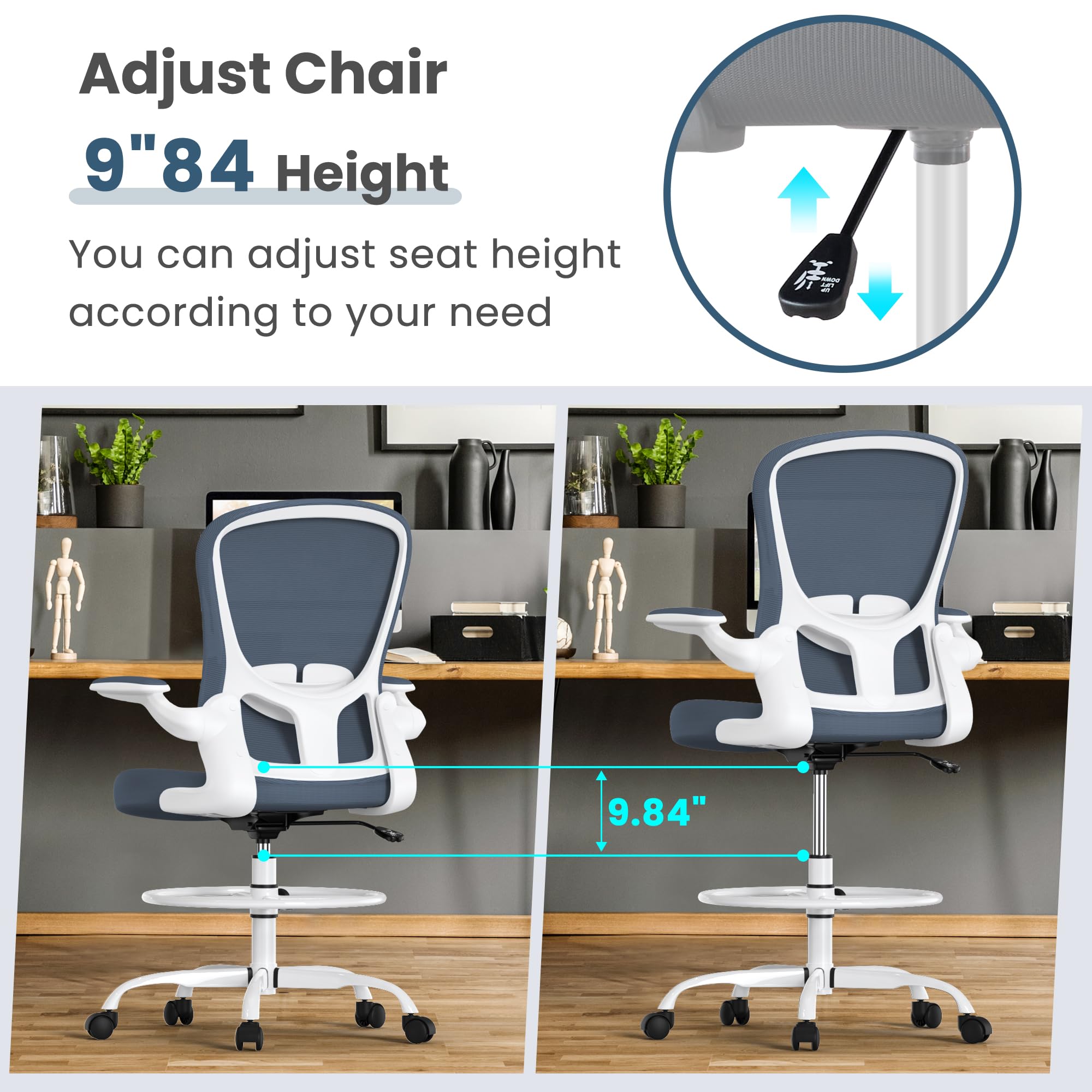 Ergonomic Drafting Chair with Flip-Up Armrests & Adjustable Footrest - Tall Office Chair for Standing Desks - Executive Computer Chair with Lumbar Support - Perfect for Architects, Designers & Home Office Workspaces