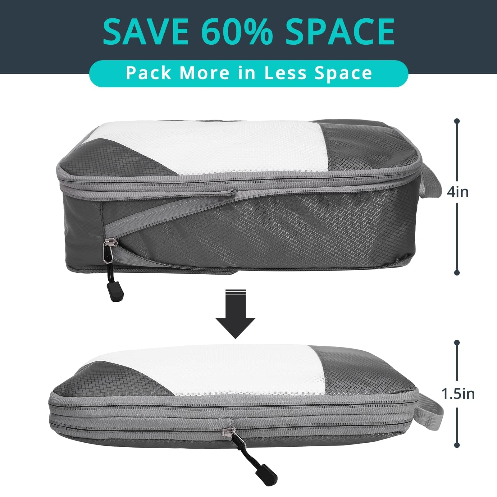 6-Piece Set of Compression Packing Cubes for Travel - Lightweight, Space-Saving Luggage Organizers with Compression Zippers | Perfect for Women's Travel Essentials, Business Trips & Vacation Packing (Grey)