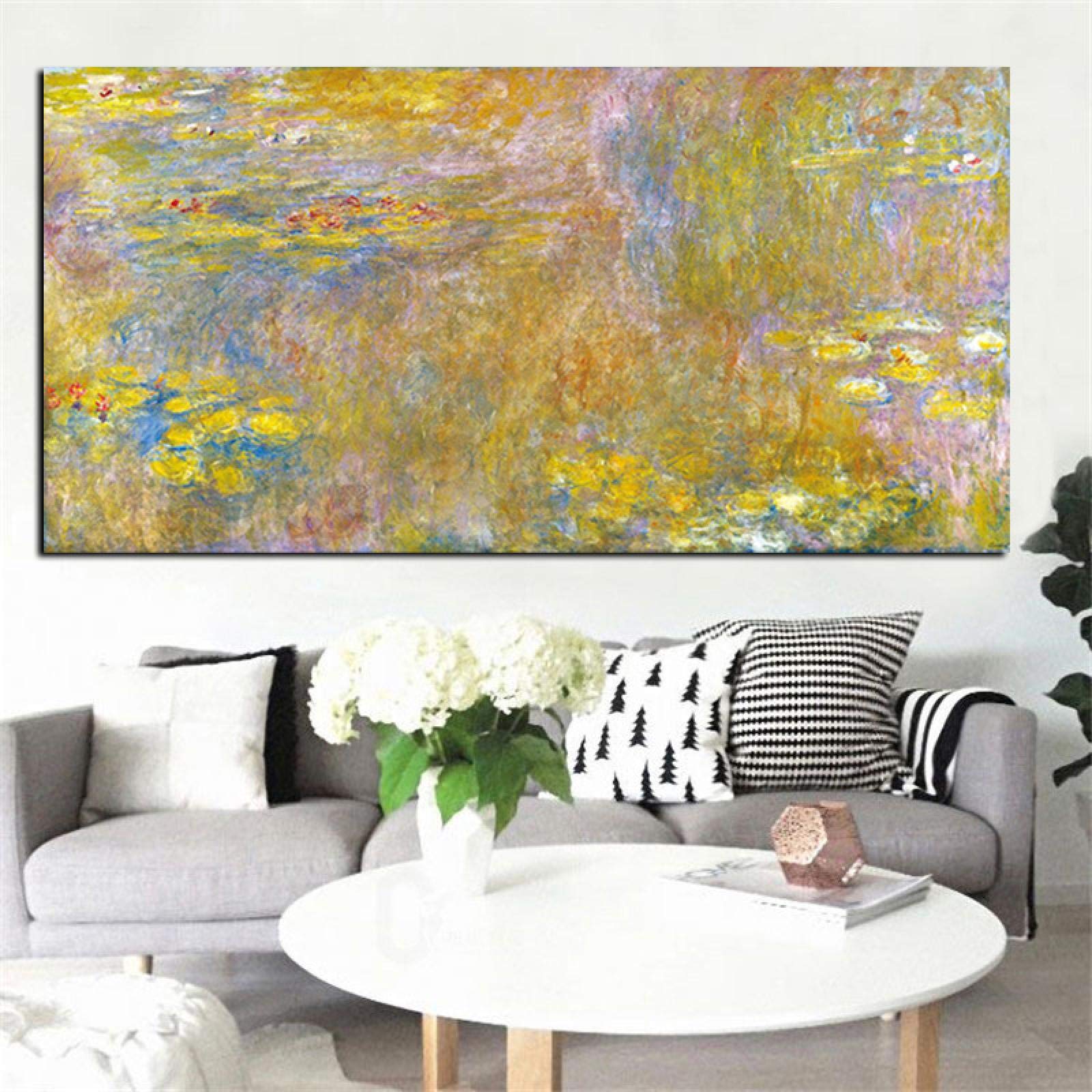 Claude Monet Gold Lotus Oil Painting on Canvas - Impressionist Landscape Wall Art Poster & Print 55x110cm (22x43in) With Frame - Perfect for Living Room, Bedroom & Office Decor