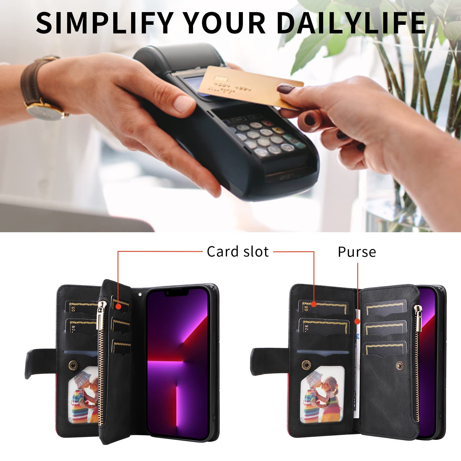 XYX Wallet Case for iPhone 13 Pro Max 6.7 Inch - PU Leather Flip Cover with Zipper Closure, 9 Card Slots & Wrist Strap - Stylish Protective Phone Case for Women & Men (Black) | Perfect for Travel, Shopping & Everyday Use
