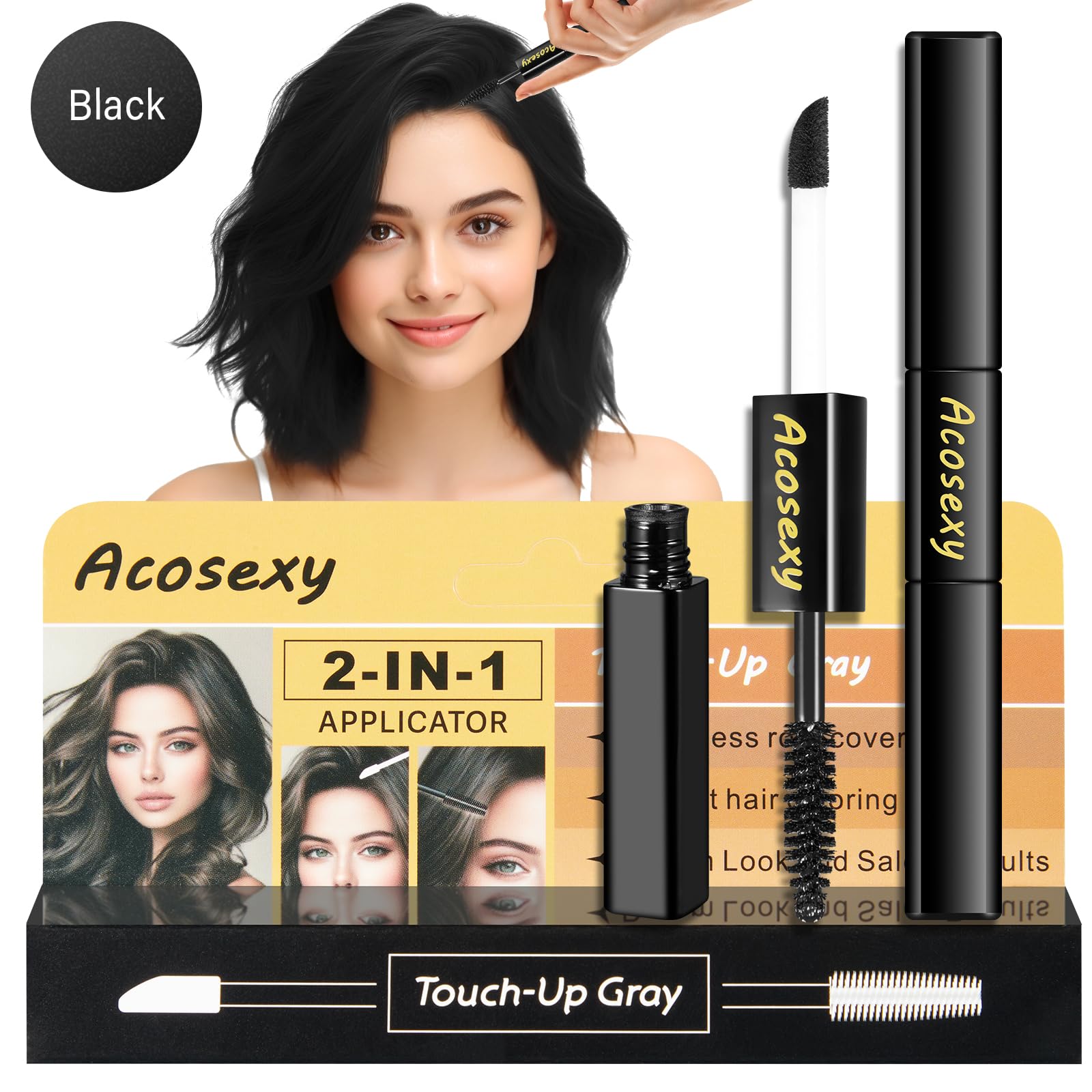 Gray Root Touch Up Brush-in Wand - Quick Cover Hair & Beard Concealer, Water-Resistant Temporary Mascara for Natural Look (Black, 1 Pack) - Perfect for Covering Gray Roots, Mustache & Beard Between Salon Visits