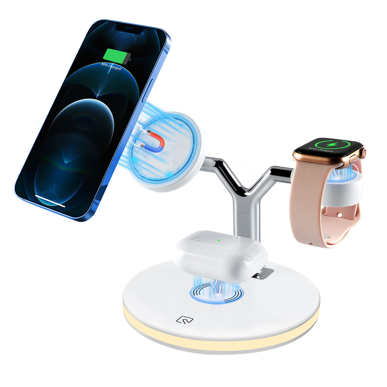 EALEK 3-in-1 Magnetic Wireless Charging Station - 15W Fast Charger for iPhone 13/12 Series, iWatch & AirPods - Multi-Device Wireless Charging Pad (White) | Perfect for Home, Office & Travel Use