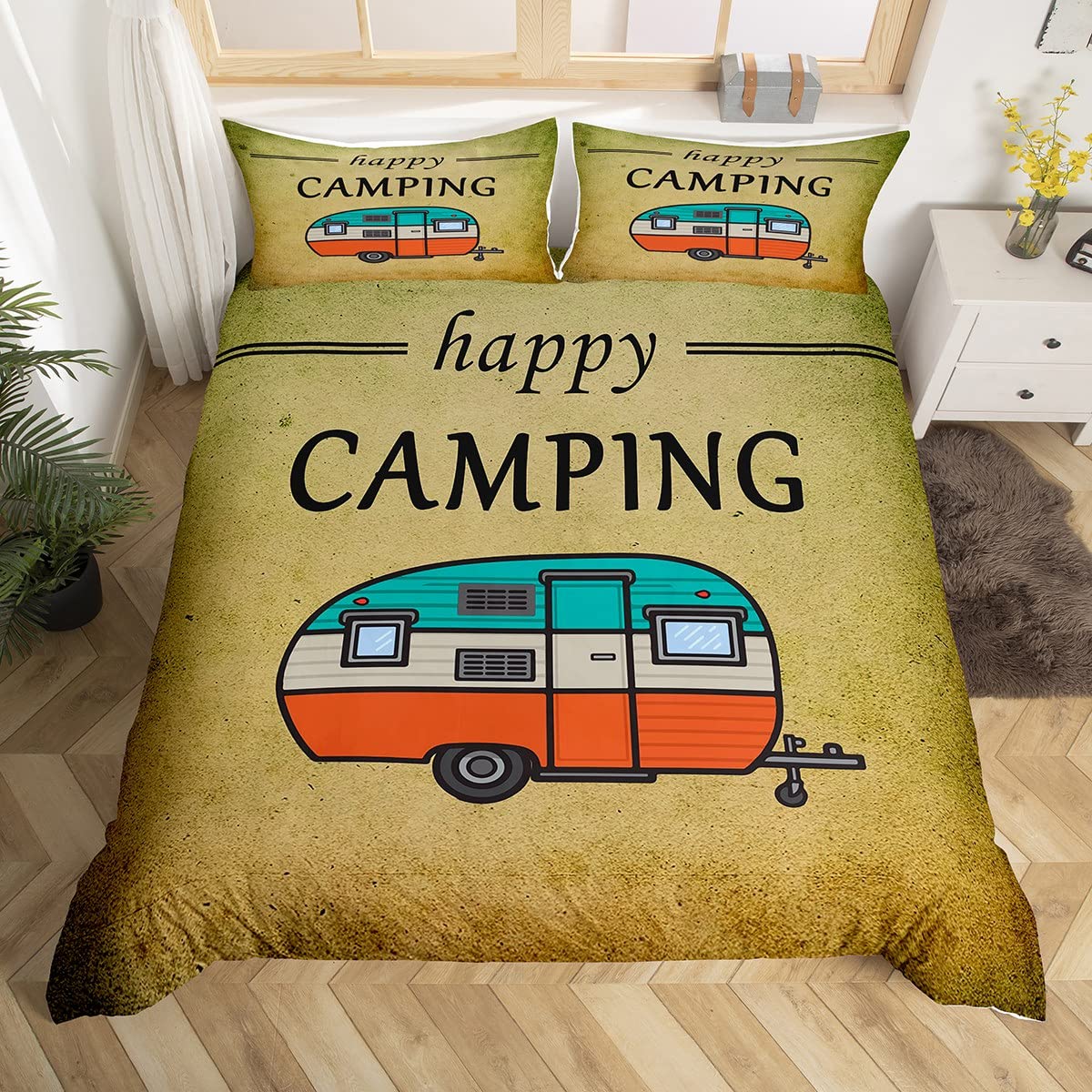 Happy Camping Bedding Set - Full Size Retro Style Duvet Cover for Kids, Teens & Women | Breathable Travel-Themed Comforter Cover | Perfect for Camping Trips, Dorm Rooms & Cozy Bedroom Decor