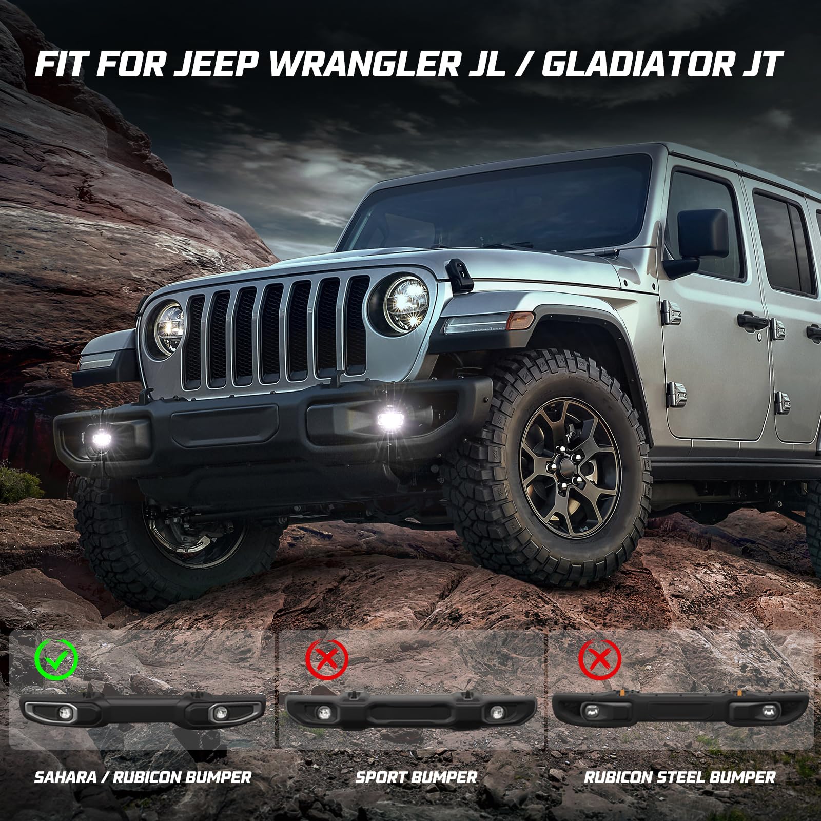 Kiwi Master OEM Style LED Fog Lights for Jeep Gladiator 2018-2025 & Jeep Wrangler JL/4xe Willys Sahara Rubicon - Waterproof Bumper Light Assembly Kit (Pair) - Perfect for Off-Roading, Night Driving, and Adventure Accessories