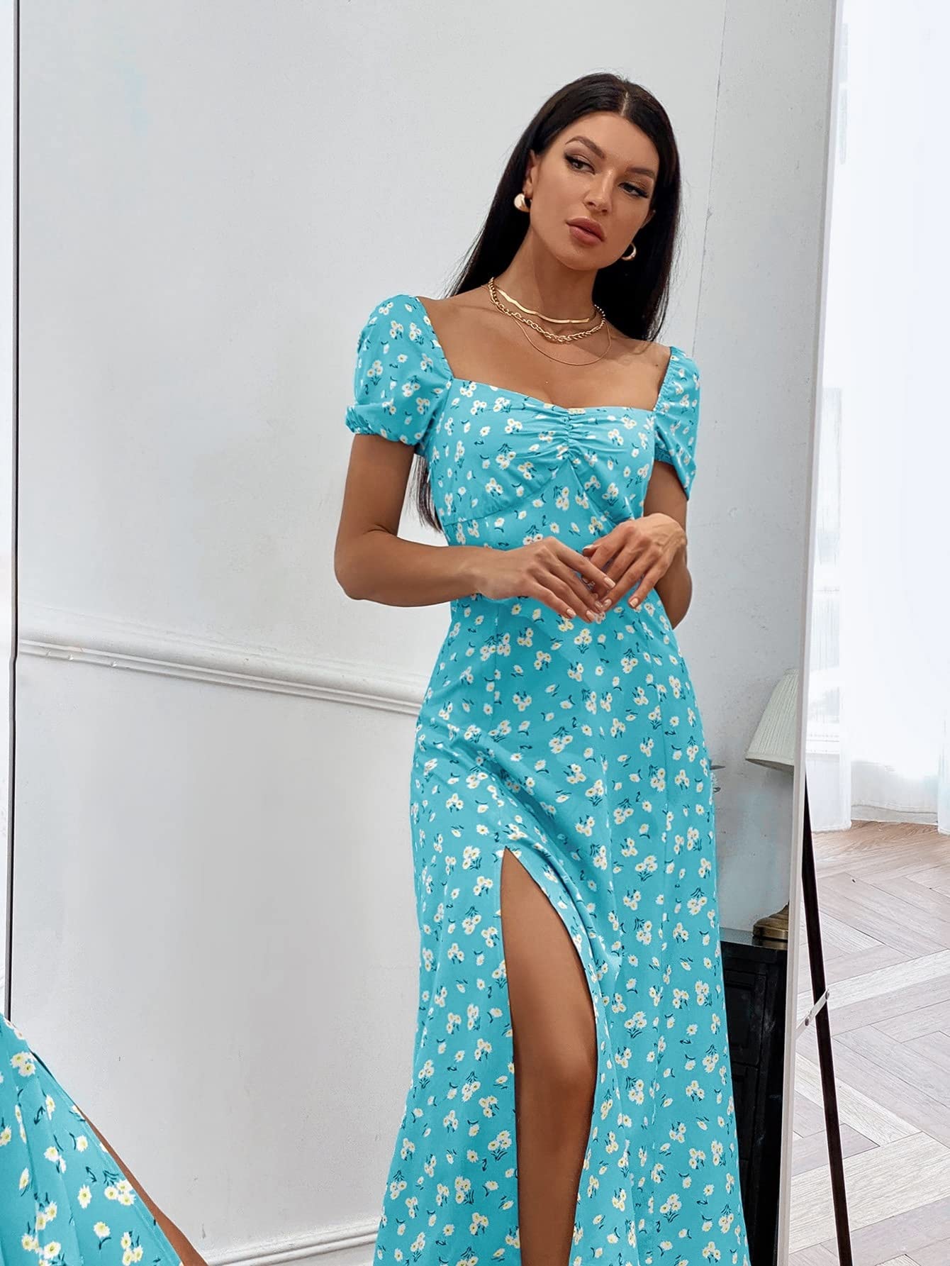 VIYAN Women's Floral Boho Dress with Neck Slit & Thigh High Split - Short Sleeve Summer Dress for Beach, Vacation & Casual Wear