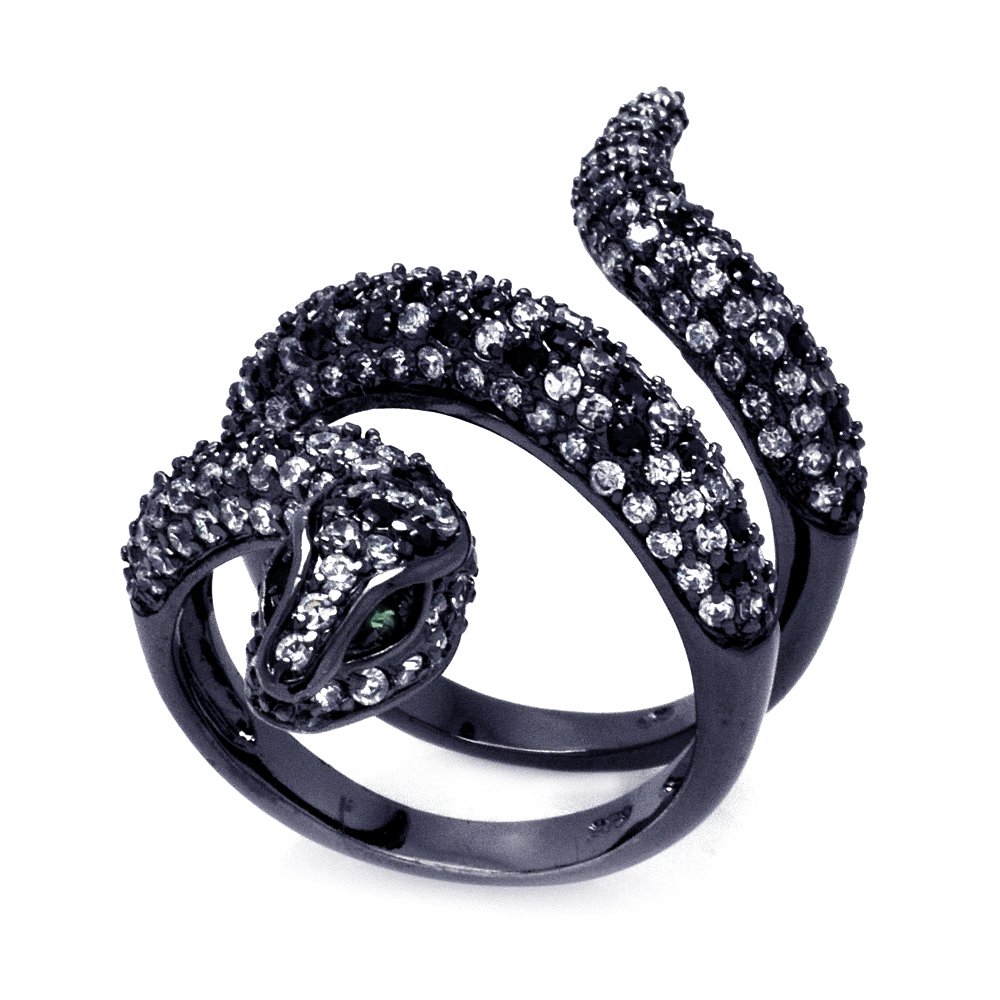 Sterling Silver Rhodium Plated Black & White CZ Snake Wrap Ring for Women - Size 5 | Elegant Jewelry Gift for Birthday, Anniversary & Special Occasions