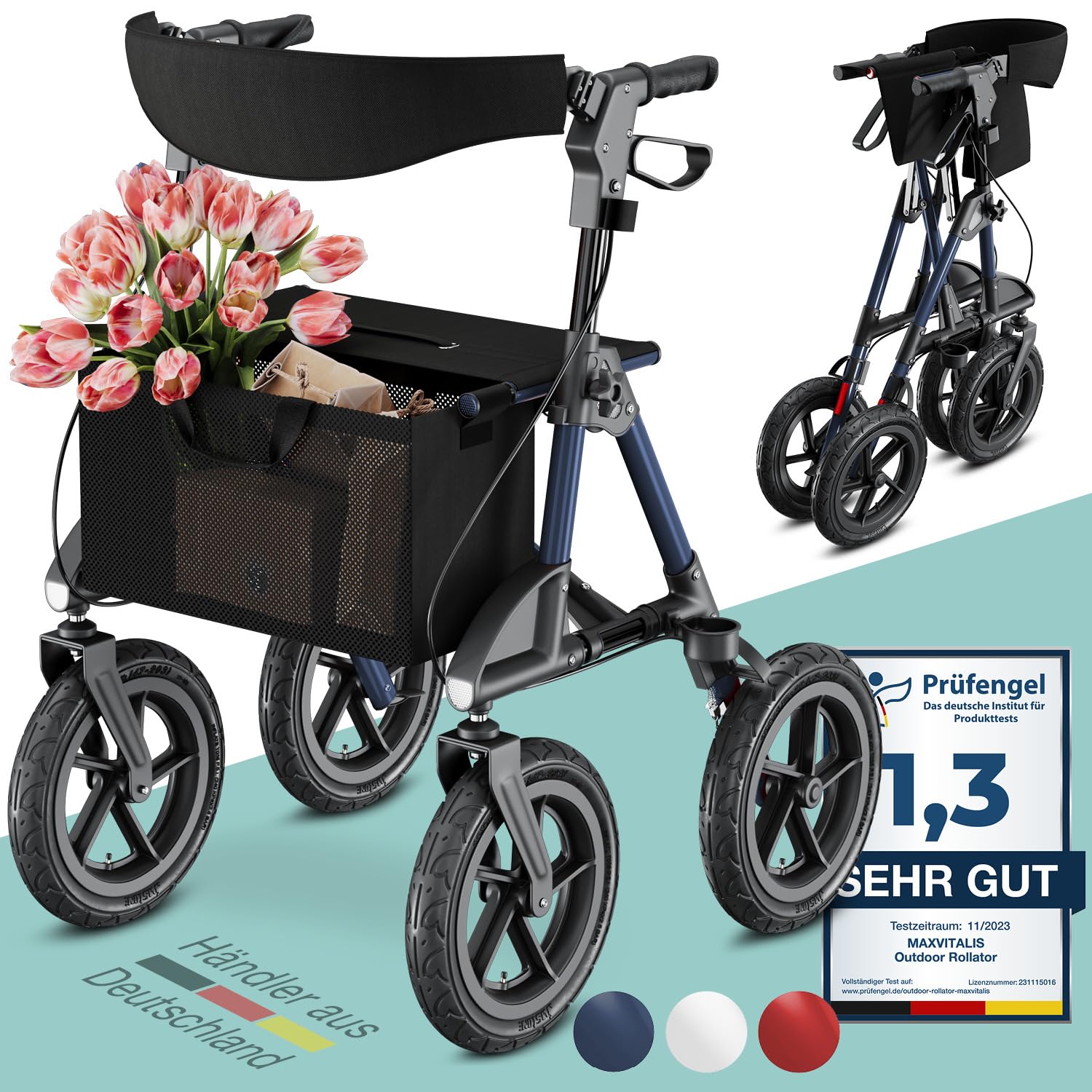 MaxVitalis Foldable Lightweight Rollator Walker with Seat & Back Support - Adjustable Height Aluminum Frame, Pneumatic Wheels, Storage Bag & Cane Holder - Ideal for Seniors & Mobility Assistance (Blue) | Perfect for Outdoor Walks, Shopping & Daily Errands