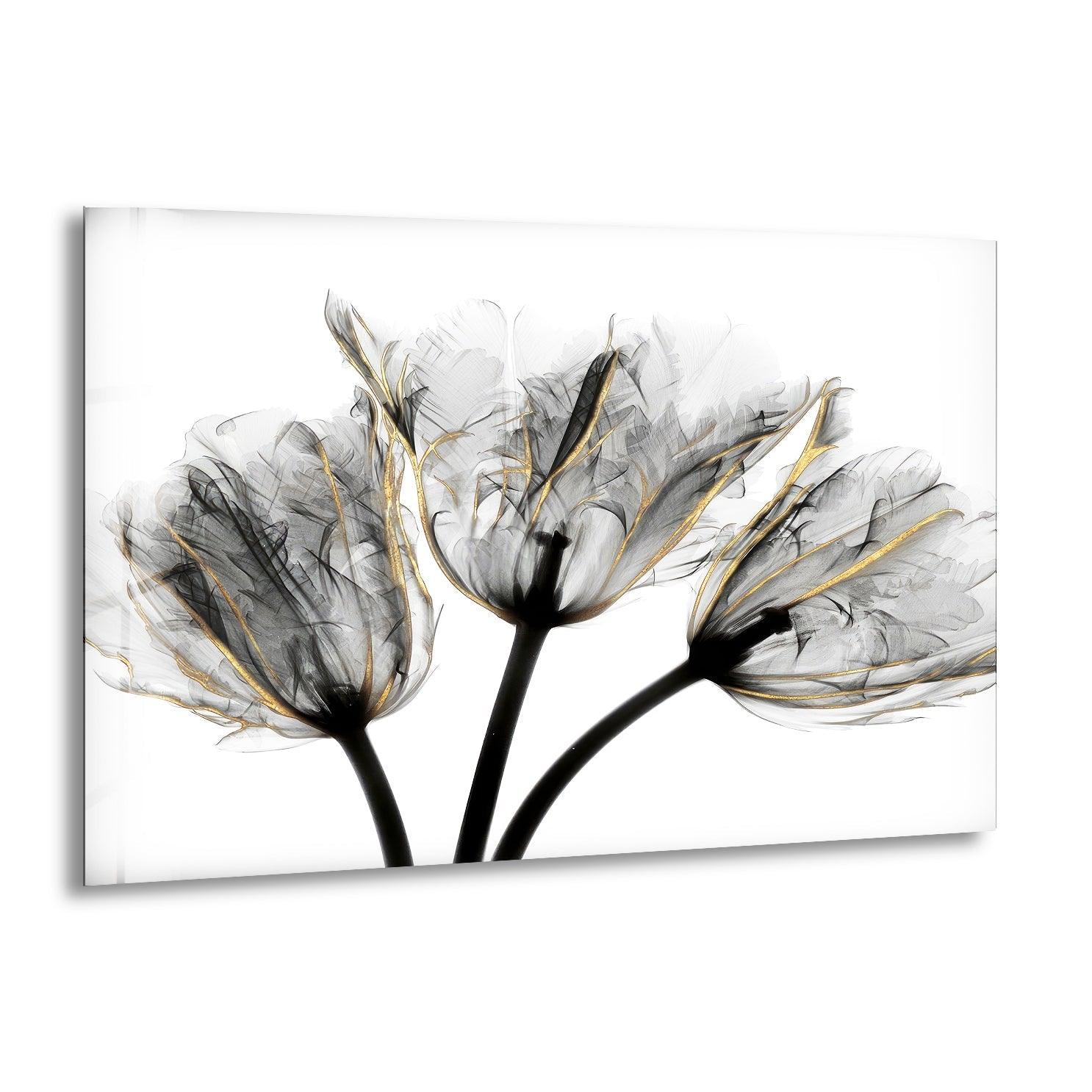 Albert Koetsier Gold Embellished Tulips 3-Piece Glass Wall Art Set - Elegant Floral Home Decor for Living Room, Bedroom & Office