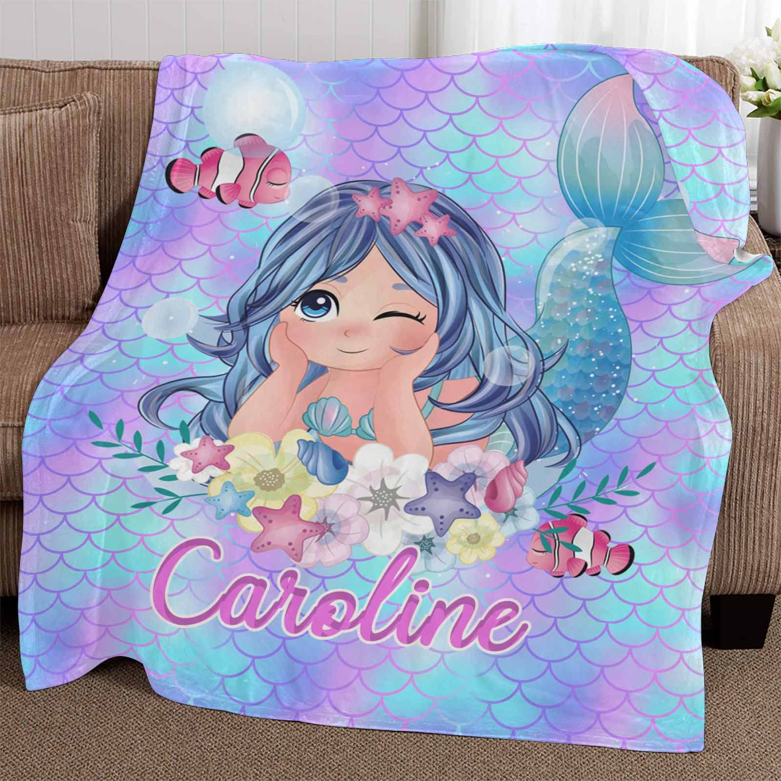 YESCUSTOM Personalized Baby Blankets for Boys & Girls – Custom Name Fleece Throw Blanket | Soft Mermaid Design for Toddler Bedroom, Couch & Nursery Decor | Ideal Birthday Gift for Kids (Home, Travel & Photo Shoot Use)