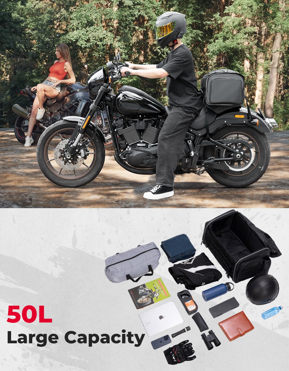 **KEMIMOTO 50L Expandable Motorcycle Tail Bag - Waterproof Rear Seat Bag with Rain Cover, Dual-Use Helmet Storage & Luggage Backpack for Commuting, Travel & Adventure**