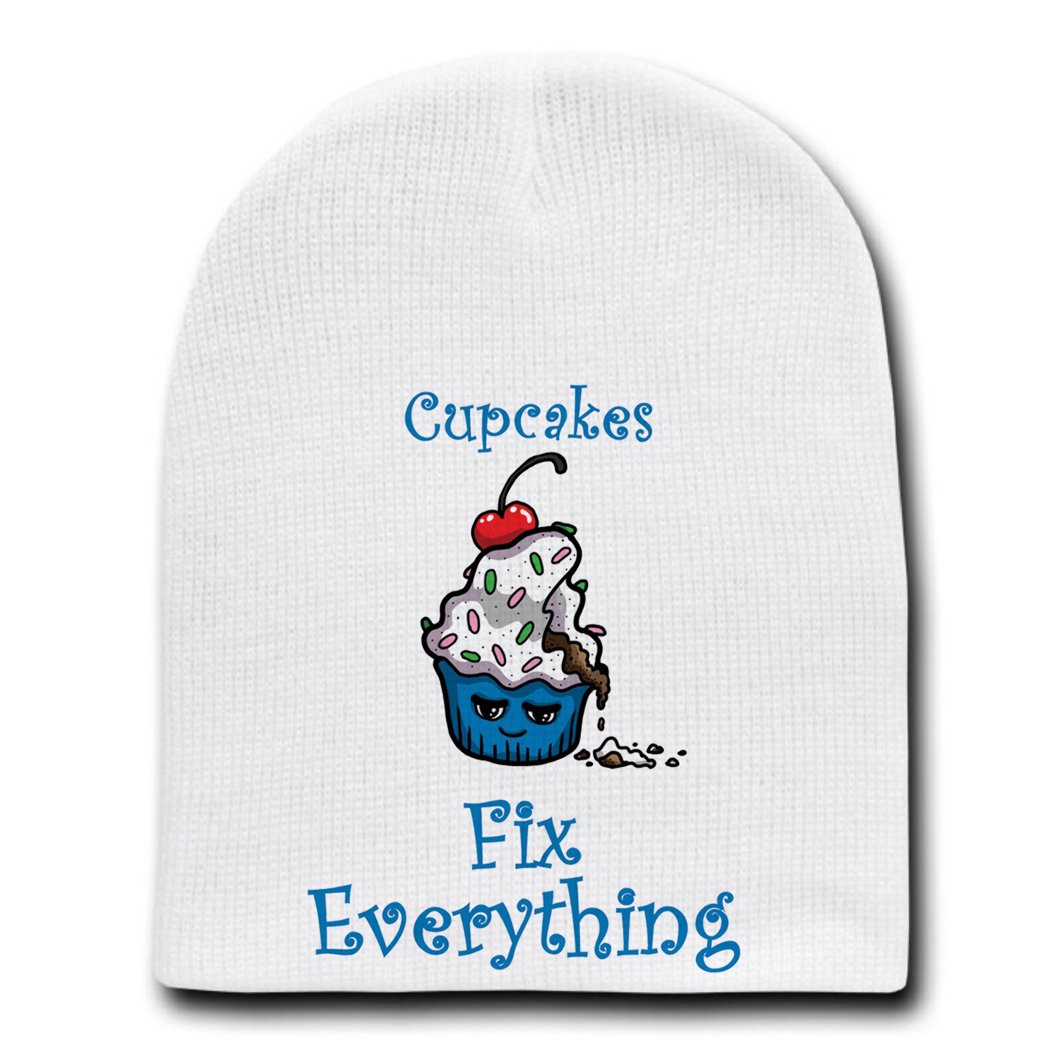 Funny Cupcakes Fix Everything Cartoon Beanie Hat - Cute Food Humor Skull Cap for Women & Men - Perfect for Winter, Gifts, and Casual Outfits