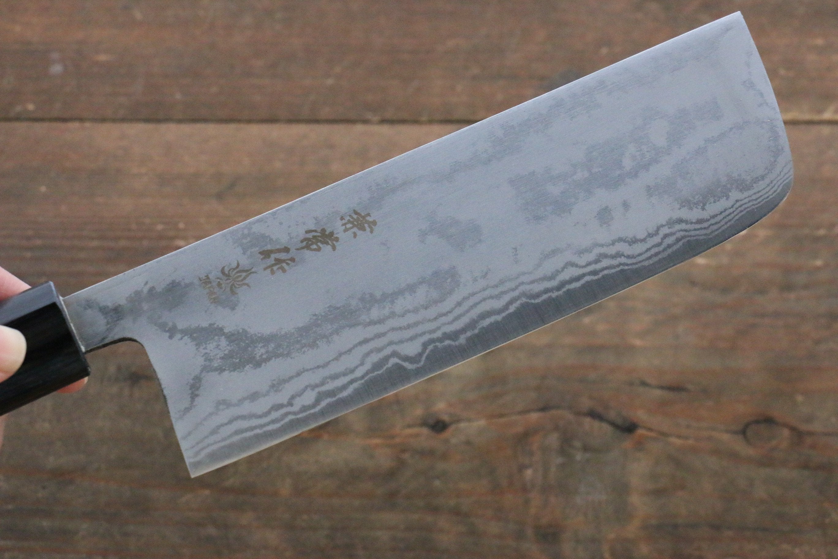 Kanetsune Blue Steel No.2 Damascus Nakiri Knife 165mm - Premium Japanese Kitchen Knife with Shitan Handle for Professional Chefs & Home Cooking - Perfect for Slicing, Dicing Vegetables & Herbs