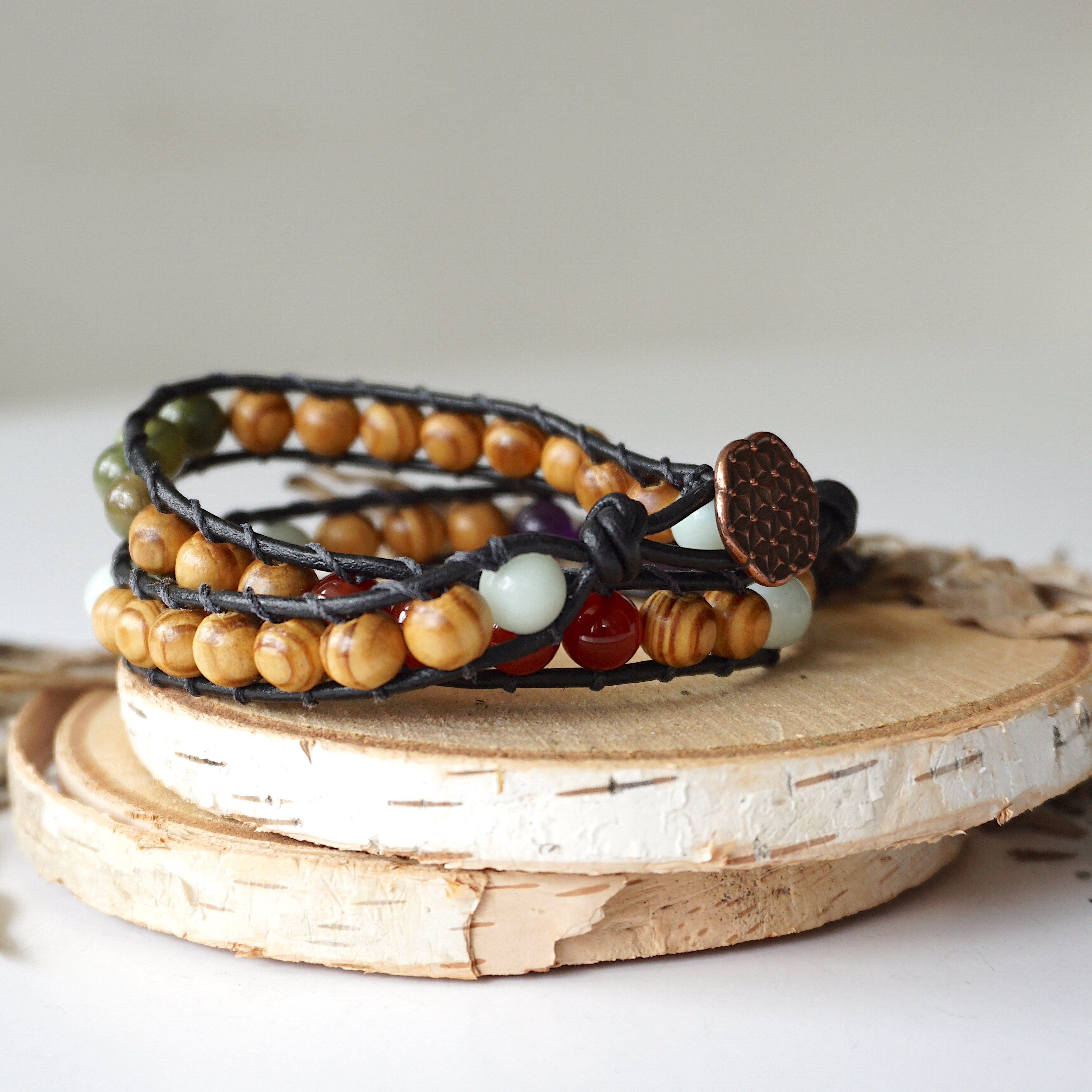 Stylish Mixed Crystal Wrap Bracelet with Natural Olive Wood Beads - Perfect for Boho Fashion, Yoga Accessories & Spiritual Healing Jewelry