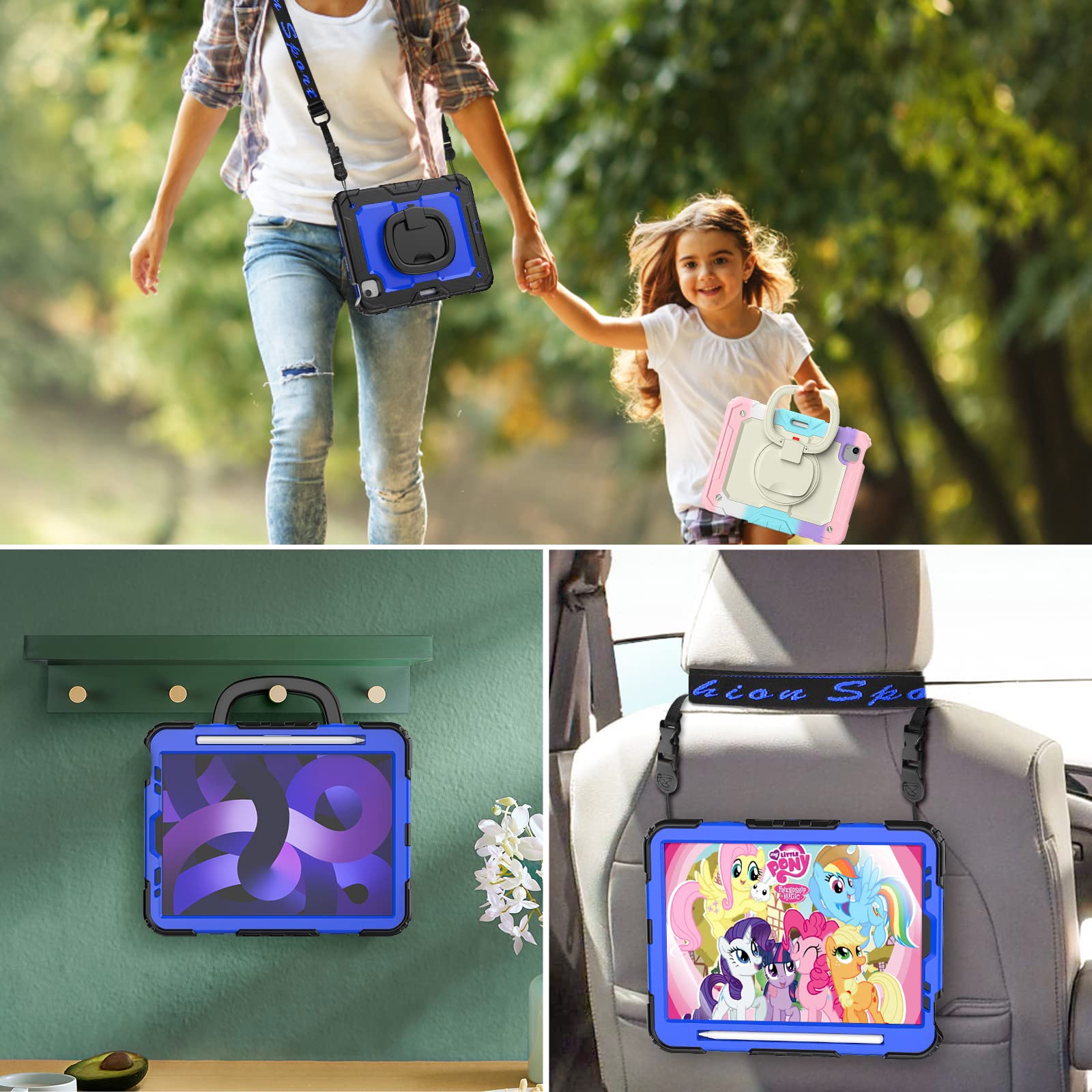 Premium iPad Air 5th/4th Generation Case 10.9 inch - Heavy Duty Protective Cover with Built-in Screen Protector, Rotating Stand, Pencil Holder & Adjustable Shoulder Strap (Dark Blue) - Perfect for Work, Travel & School Use