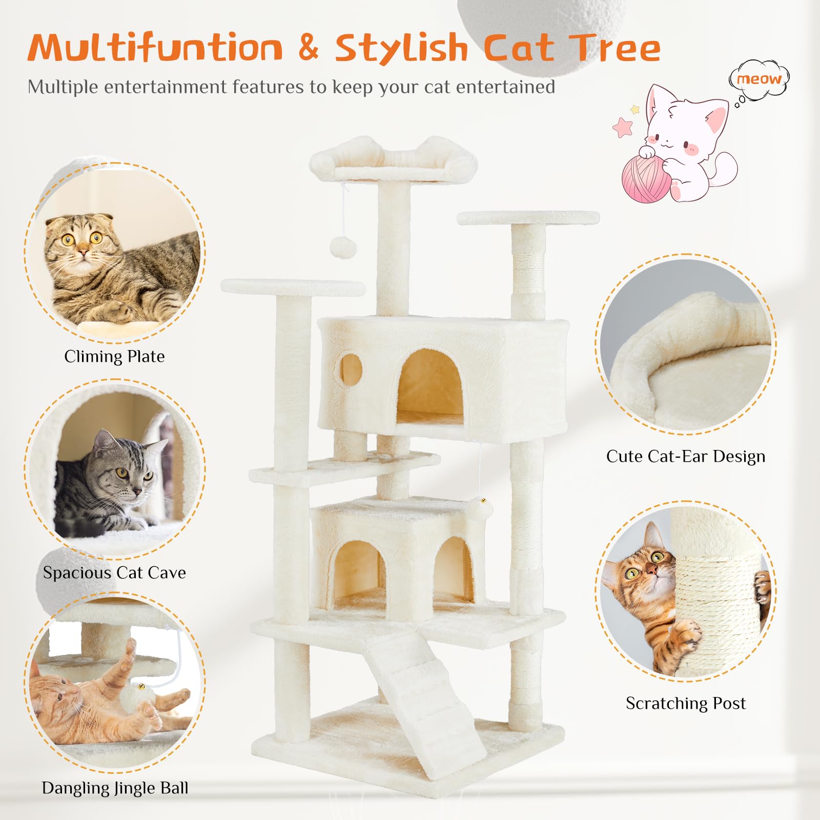 FluffyDream 54-Inch Multi-Level Cat Tree Tower for Indoor Cats - Large Cat Condo with Sisal Scratching Posts, Playhouse & Perches for Kittens & Adult Cats (Beige) | Perfect for Small Spaces, Apartments & Multi-Cat Households