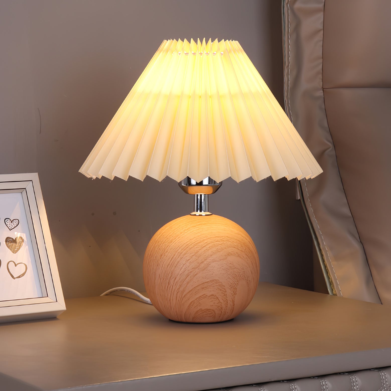 Modern Wooden Pleated Table Lamp - Handcrafted Natural Wood Nightstand Light for Bedroom, Living Room & Office - Warm Ambient Lighting for Home Decor