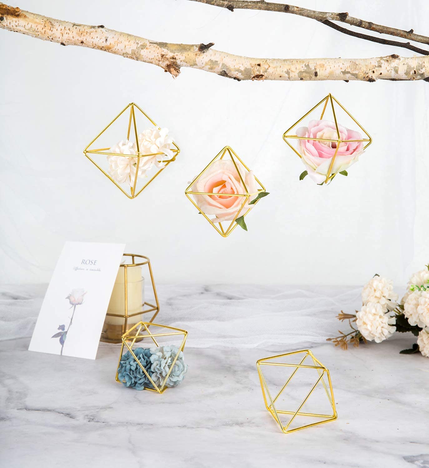 Mkono Set of 8 Mini Glass Geometric Terrarium Containers - Modern Air Plant Holders & Metal Tabletop Himmeli Decor for Home, Office, Christmas & Wedding Gifts (Gold) | Perfect for Indoor Plants, Succulents, and Home Décor
