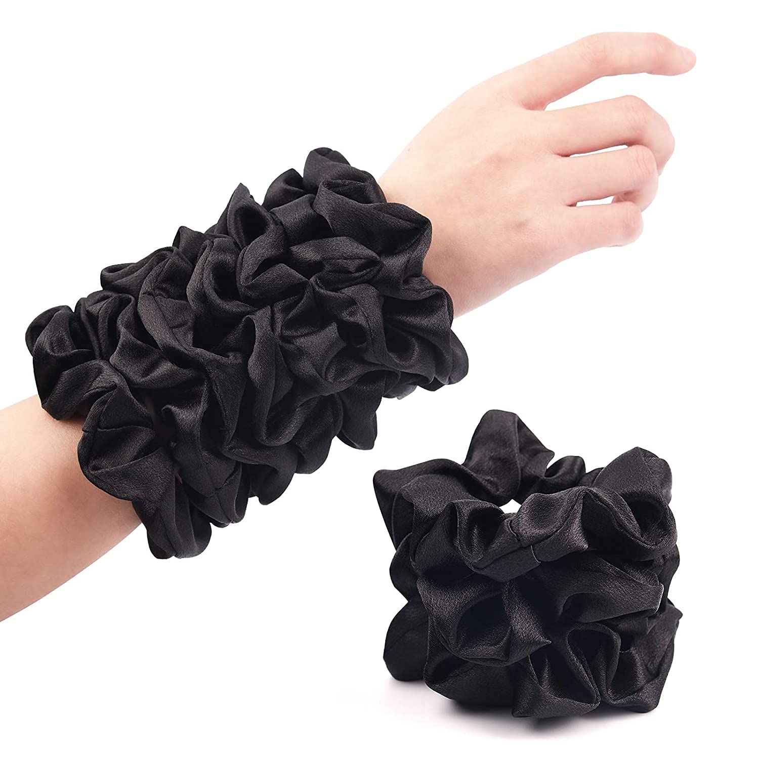 Black Satin Silk Hair Scrunchies - 10 Pack (Large Size) for Women & Girls - Soft & Gentle Hair Ties for Ponytails, Buns & Everyday Use