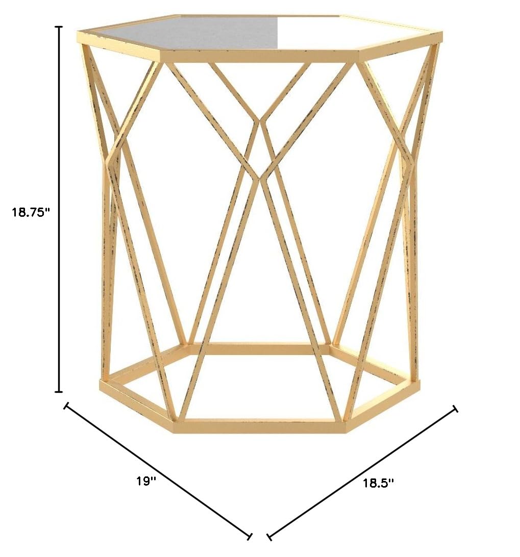 SEI Furniture Joelle Geometric Accent Table - Soft Gold & Antique Mirror Finish | Modern Side Table for Living Room, Bedroom, or Office Decor