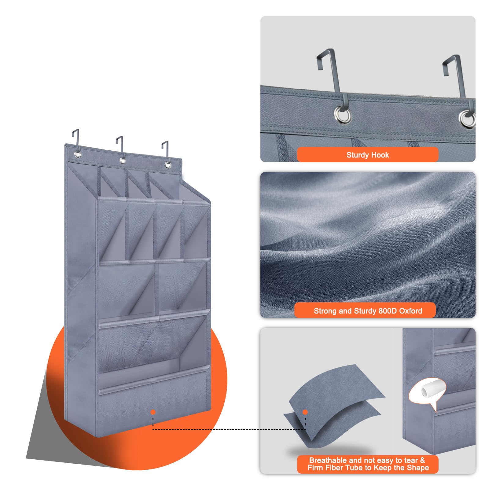 Over the Door Shoe Organizer with 11 Deep Pockets - Space Saving Closet Storage for Shoes, Accessories & Small Items - Perfect for Dorms, Apartments & Narrow Doors (Grey, 1 Pack) - Ideal for Bedroom, Bathroom & Entryway Organization
