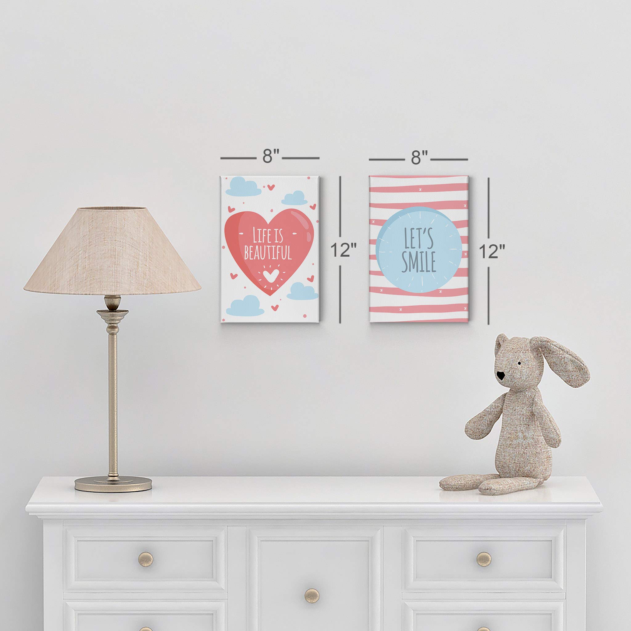 Life is Beautiful Let's Smile Motivational Quote 2-Piece Canvas Wall Art Set - 36x24 Inch Ready to Hang Kids Room Decor for Boys & Girls - Perfect for Nursery, Bedroom & Playroom - Made in USA