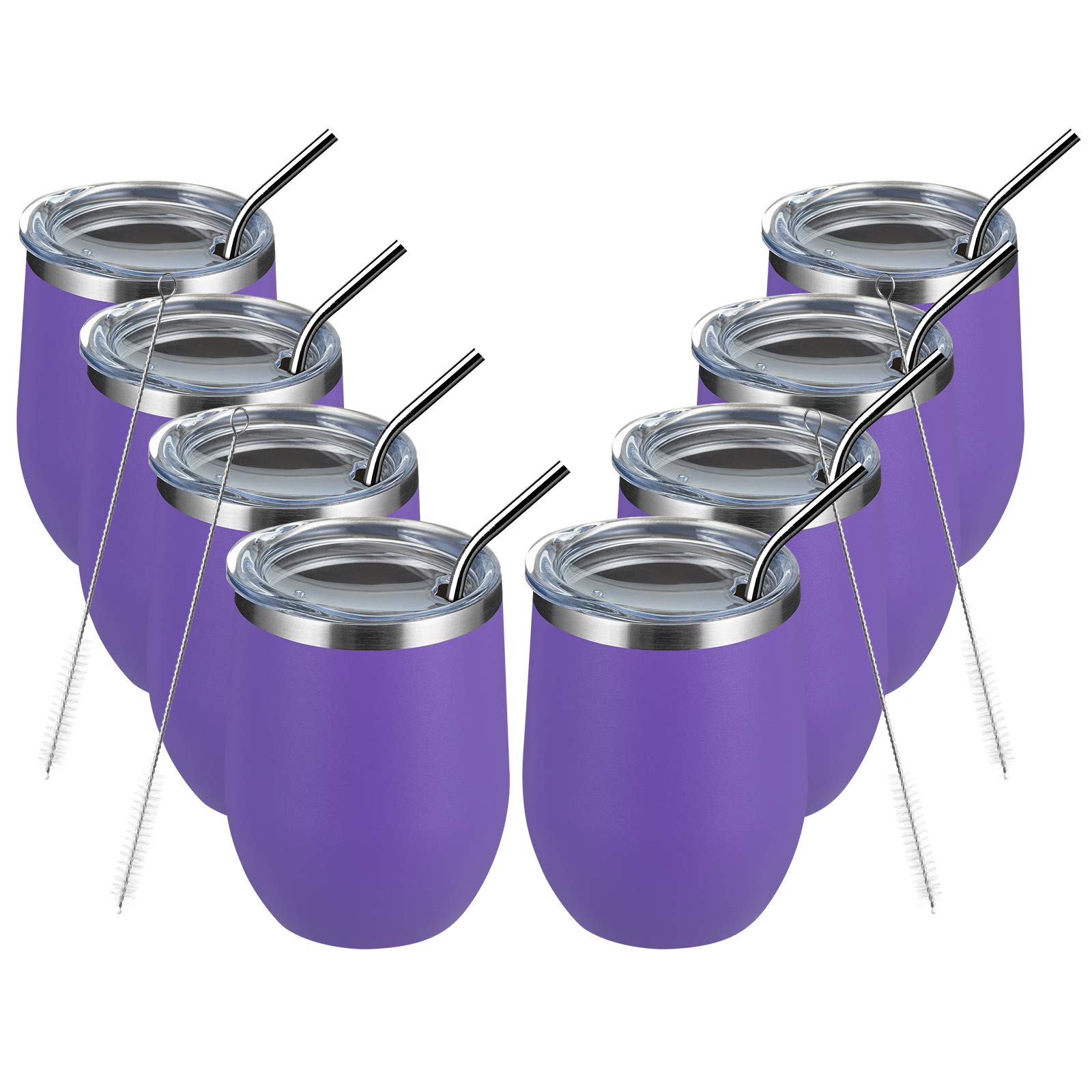 MEWAY 12oz/8 Pack Insulated Stainless Steel Wine Tumbler with Lid - Double Wall Vacuum Travel Mug for Hot & Cold Drinks - Perfect for Wine, Coffee, Cocktails, Gifts (Purple, Set of 8) - Ideal for Home, Office, Camping, Picnics & Outdoor Adventures