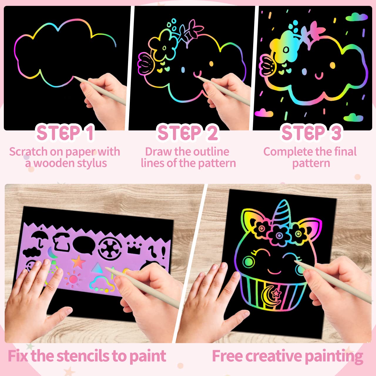 34Pcs Rainbow Scratch Art Paper Kit for Kids Ages 4-12 - Creative DIY Art Crafts Birthday Party Favors, Halloween Christmas Easter Gifts for Boys & Girls - Fun Classroom & Home Activity Supplies