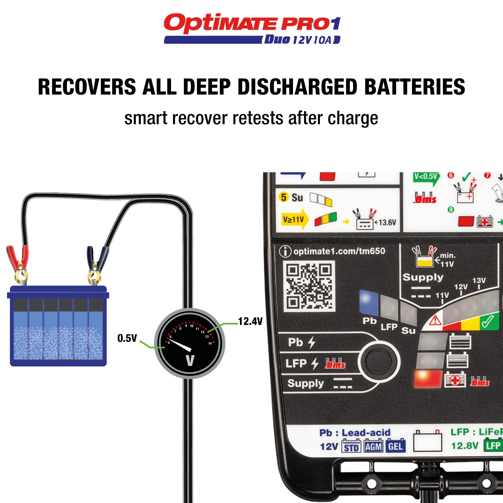 Tecmate OptiMate PRO-1 DUO 11-Step 12V/12.8V High Performance Battery Charger, Tester & Maintainer for Motorcycle, Car, ATV - Black | Ideal for Winter Storage & Long-Term Vehicle Maintenance