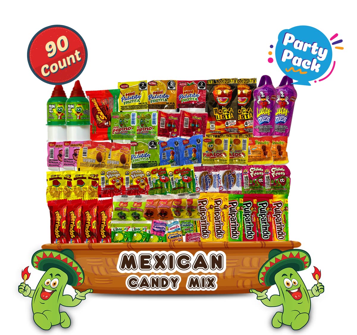Spicy Mexican Candy Assortment - Lucas, Pelon Pelo Rico, Pulparindo (90 Count) for Parties & Gifts