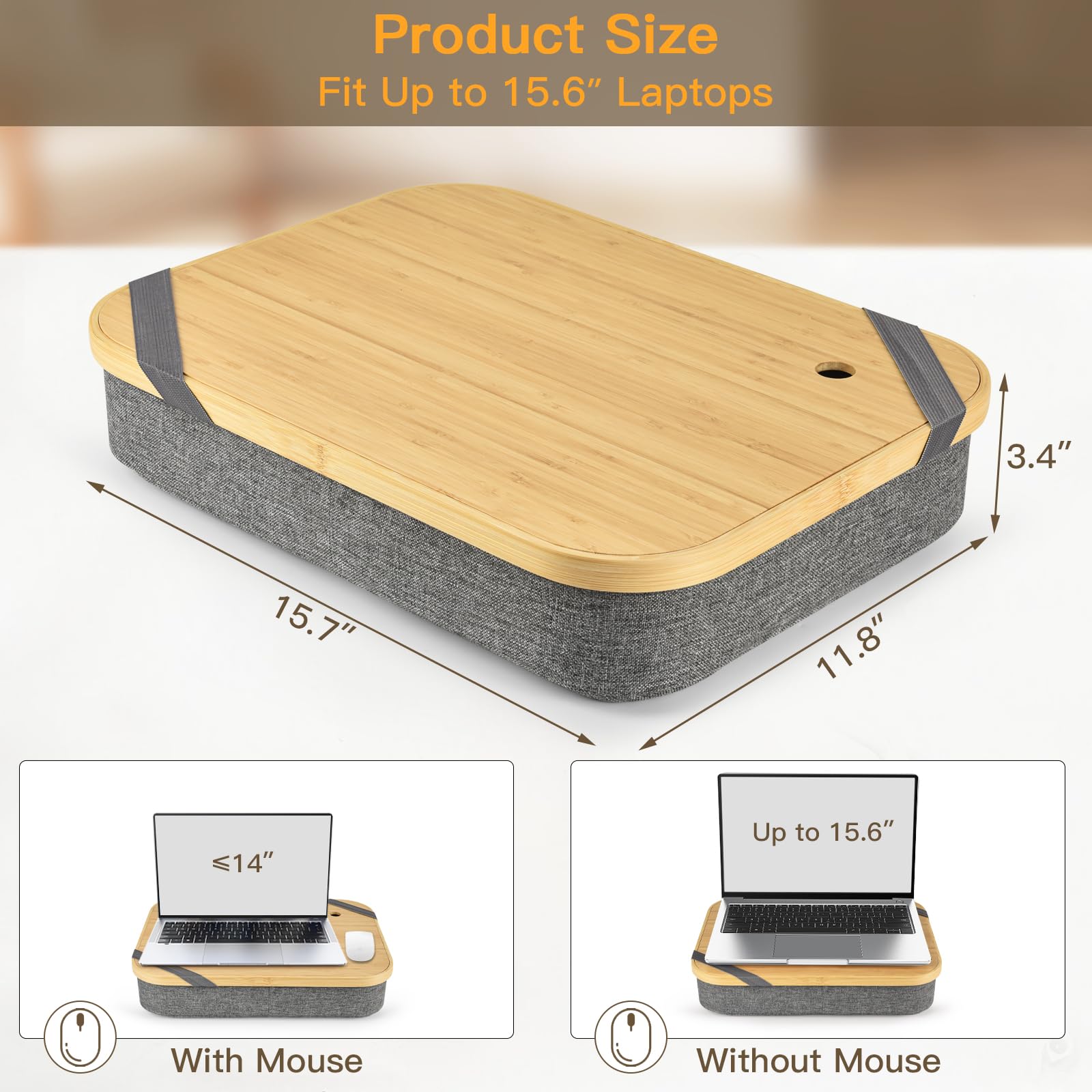 Mayjoy Bamboo Lap Desk with Storage & Removable Cover - Portable Laptop Stand for Work on Bed, Couch or Floor - Perfect for Writing, Drawing & Remote Work (Grey)