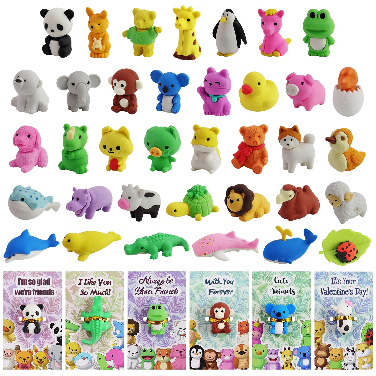 36 Pack Valentines Day Cards for Kids with Cute Animal Eraser Toys - Classroom Exchange Gifts for Boys and Girls - Perfect for School Parties & Valentine's Day Celebrations