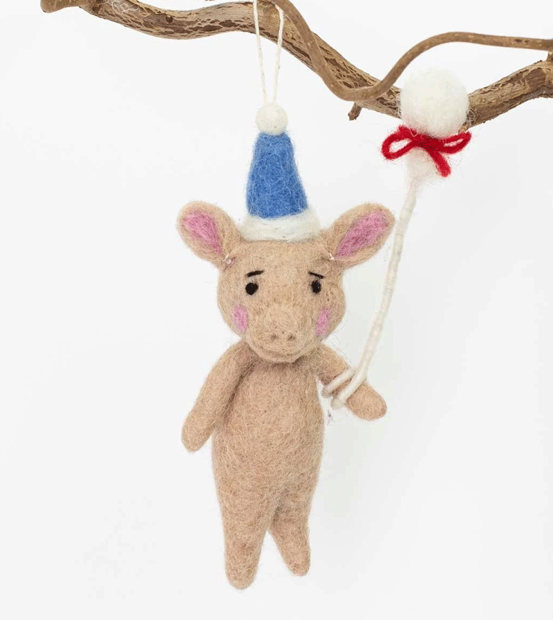 Handmade Pig with Hat & Balloon Wool Ornament - AfroArt Christmas Tree Decor, Unique Holiday Gift for Home & Office Decoration | Perfect for Xmas, Birthday Parties & Festive Celebrations