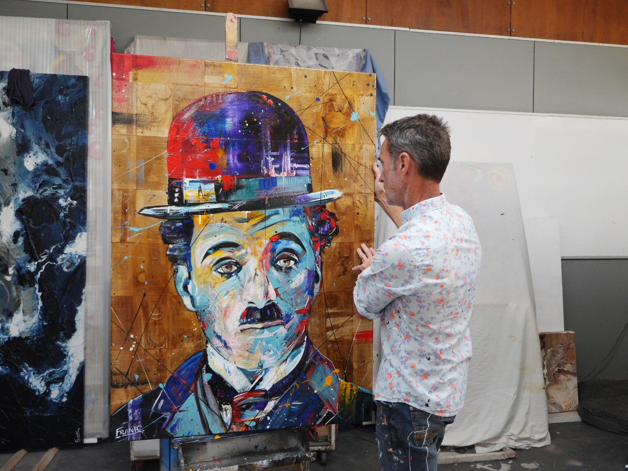 Blue Charlie 140cm x 100cm Charlie Chaplin Abstract Realism Canvas Art Print - Perfect for Living Room Decor, Home Theater & Book Club Wall Art