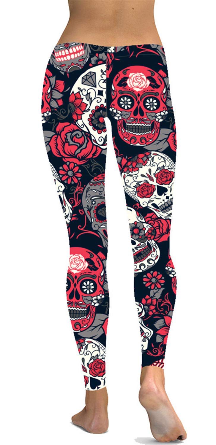 Women's Skull Print Stretch Leggings - Black & White Skeleton Tights for Yoga & Fitness